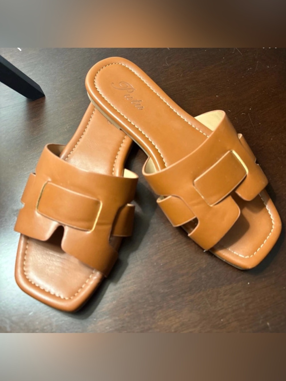 Tan Leather-Look Slide Mules -